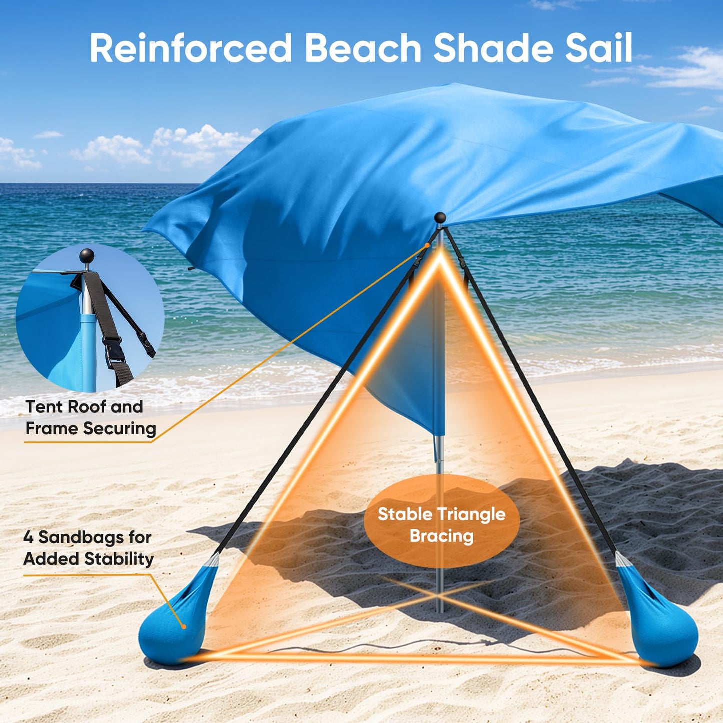 MoKo Beach Shade Canopy, 100 Sq.Ft. Wind-Supported Sunshade Sail for 4-6 People, Lightweight Easy Setup Beach Tent with UPF 50+ Sun Protection for Family Travel Coastal Trips