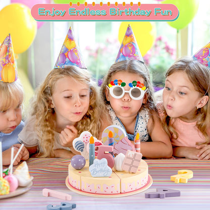 ZRUNBO Birthday Party Cake Toys, Wooden Play Food Set for Kids Toddlers, Play Kitchen Toys for Boys Girls, Educational Toys