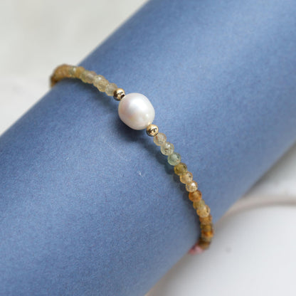 Gempires Watermelon Tourmaline Beaded Bracelet with Pearl Choker Crystal Jewelry Lightweight Colorful Gemstone Bracelets For Women Hypoallergenic 7.5 Inch Gold Plated Adjustable Chain