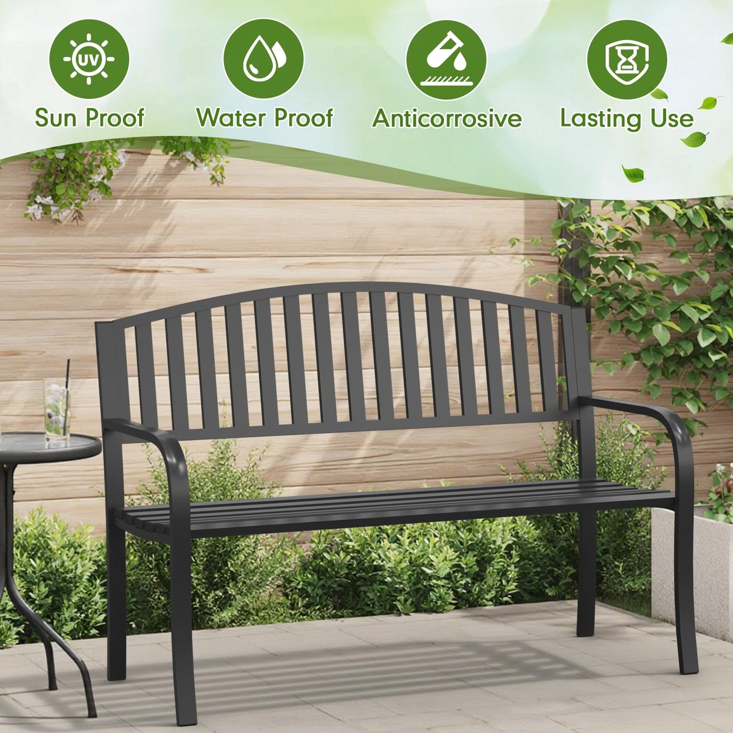 GUINGFUN 50" Outdoor Bench, Heavy-Duty Metal Frame Graden Bench, Weatherproof Patio Park Bench for Front Porch, Park, Yard, Patio