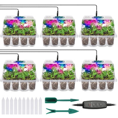 Seed Starter Trays with Grow Lights, 72 Cells Seed Starter Kit with Lights, 4 Timing Set, Germination Kit for Seed Starting Trays, Seedling Starter with High Humidity Control Domes (White, 6PCS)
