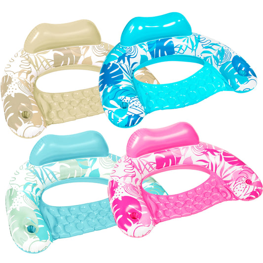 SLOOSH Inflatable Pool Floats Adult, 4 Pack Pool Chairs with Cup Holders,Blow up Floats Chair,Hammock Noodle Mat Leaves Design for Summer Water Fun Swimming Party Beach,Blue, Cyan, Pink, Champagne