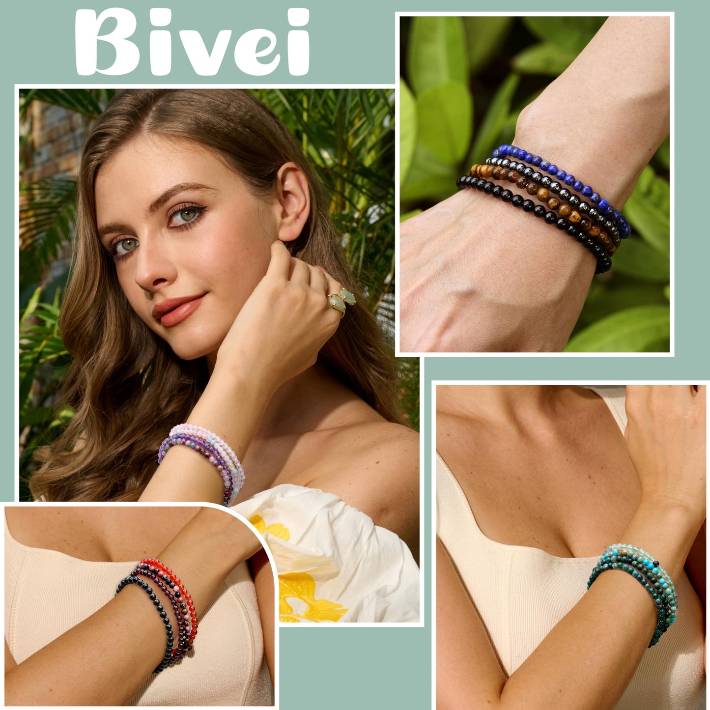 Bivei Green Aventurine - Growth - 4mm Beaded Bracelets for Women Handmade Semi Precious Natural Stone Stretch Elastic Jewelry Yoga Protection Gifts