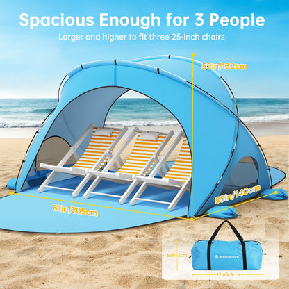 Raynesys Beach Tent Sun Shelter, Beach Shade Tent with UPF50+ UV Protection, Portable Sun Shelter for 1-3 Person, Shade Tents with 2 Zippered Doors for Sand Camping Fishing, Blue