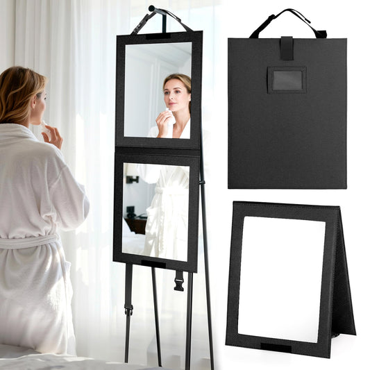 Shinowa Foldable Portable Full Length Mirror for Dancer, Camping and Travel, Shatter-Proof Acrylic Hanging Mirror with Handle, 33x13 Inch Full Body Travel Backstage Mirror, Black