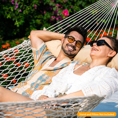 Lazy Daze Hammocks Double Rope Hammock, 2 Person Traditional Outdoor Hand Woven Cotton Rope Hammock with Spreader Bar, Carabiners, Tree Straps, Chains for Patio Yard - Max 450 Lbs, Natural