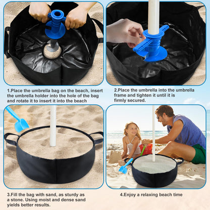 Beach Sunshade Umbrella Weight Sand Bags Parasol Base with Sand Anchor, Outdoor Beach Umbrella Base Stand Kit Portable Sand Umbrella Holder with Shovel Fits Most Beach Umbrellas Ideal for Strong Winds