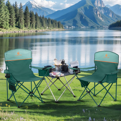 LET'S CAMP Camping Chair 2 Pack Folding Chair with 4-Can Cooler Bag Portable Lawn Chair with Cup Holder,Storage Pocket, Supports 350LBS, Collapsible Chair for Camp, Beach, Picnic (Green)