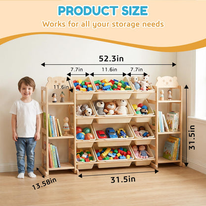Toy Storage Organizer, Extra Large WoodenToy Storage, with 6 Side Shelves and 12 Bins, 3 -in-1 Bookshelf for Bedroom Playroom, Nursery, Wood Kids Toy Shelf and Bookcase 52.3"W x 13.5"D x 31.5"H