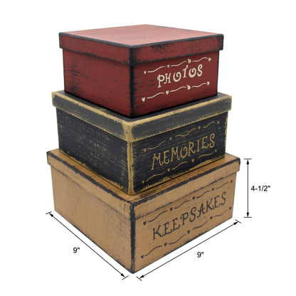 CVHOMEDECO. Primitive Vintage Square Photos, Memories, Keepsakes Cardboard Nesting Boxes, Large 9 X 9 X 4-1/2 Inch. Set of 3.
