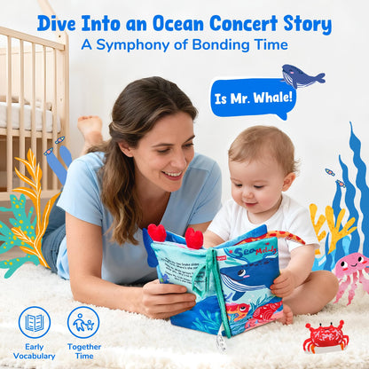 JoyCat Baby Books 0-6-12 Months - Ocean Tummy Time Toys Mirror - Montessori Sensory Activity Cloth Book with 3D Crab & Fish - Newborn Easter Basket Stuffers