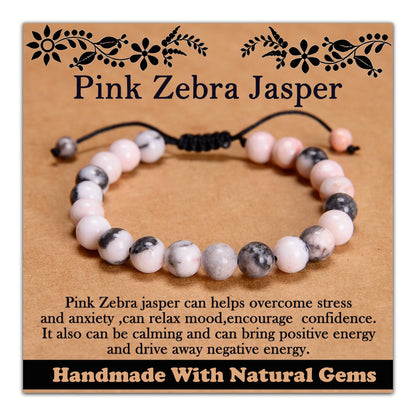 CHCCOYE 8mm Handmade Adjustable Natural Gemstone Crystal Bracelet Healing Power Energy Inspirational Gifts with Card for Unisex (Pink Zebra Jasper)