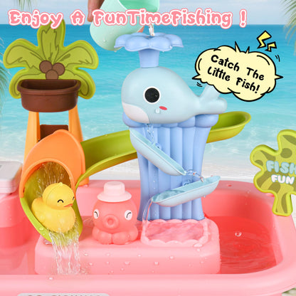 Mobelixy Upgraded Toddler Sand Water Table Toy with Electric Water Pump, Kids Sand Water with Faucet/Play Food Accessories/Fishing Toy, Kitchen Play Sink Toys for Girl Boy Age 3+ (Pink)