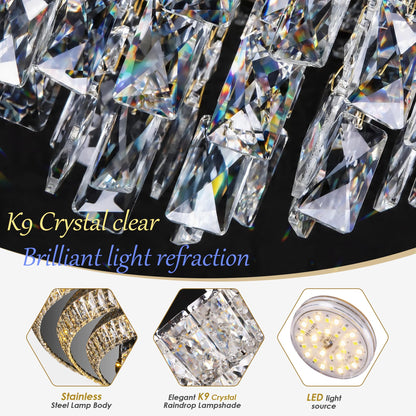 30 inch Crystal Flush Mount Black Chandelier, Modern Raindrop LED Ceiling Light, 3CCT Dimmable & Brightness Adjustable,Remote/APP ,Elegant Chandeliers for Bedroom Hallway Dinning Room Living Room
