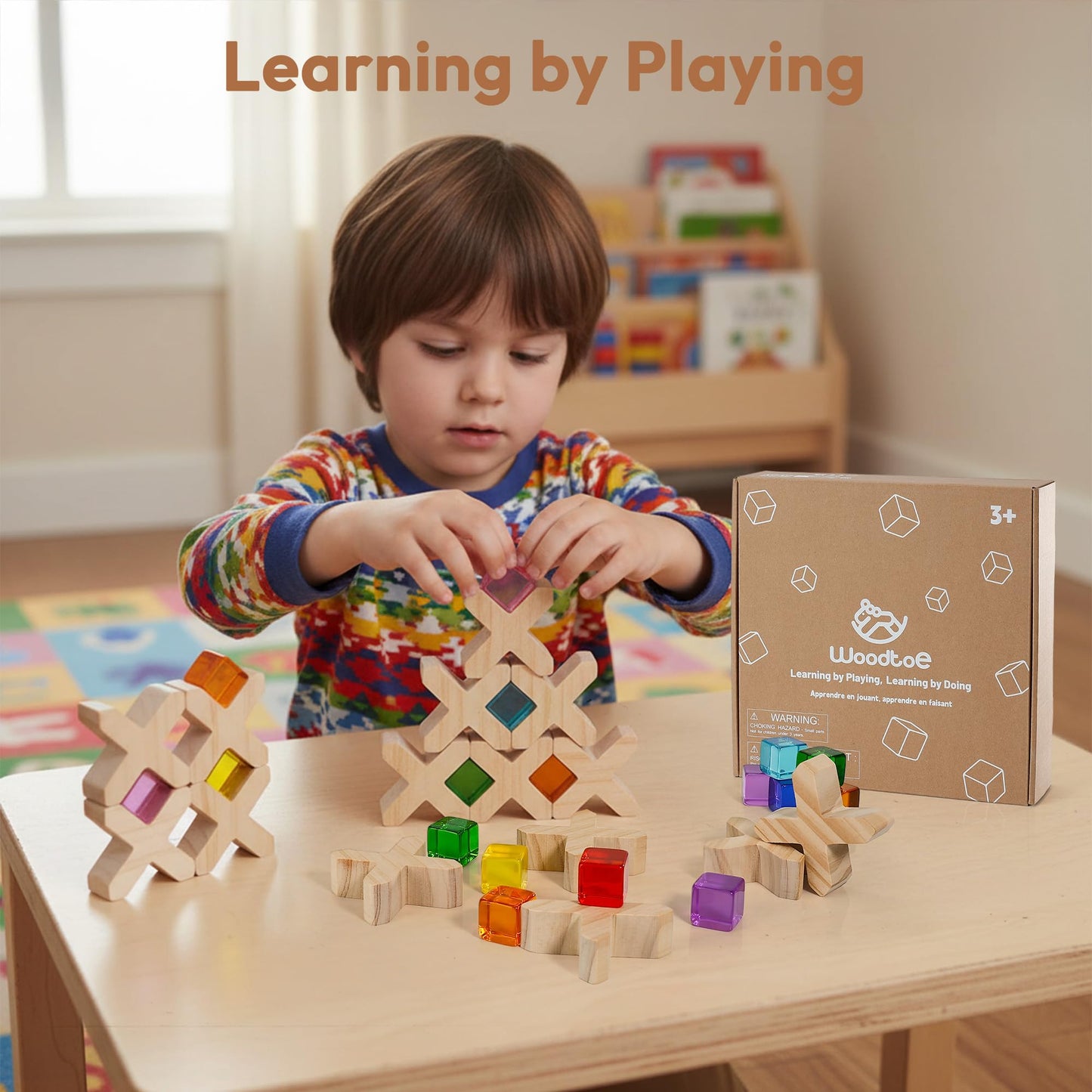 Woodtoe Wooden Building Blocks for Kids, 48 PCS Rainbow Acrylic Gem Cubes Blocks - 32 Wooden Blocks, Montessori Stacking Toy for Toddlers, Educational STEM Learning Sensory Toy Gifts for Boy Girl 3-6