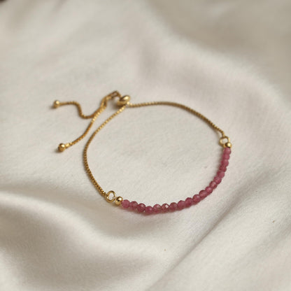 Gempires Birthstone Bracelet, Pink Tourmaline Beaded Bracelet, October Birthstone Jewelry, Bolo Beads Bracelet, Gift for Her, 14k Gold Plated Chain (6-9 inch Adjustable Length)