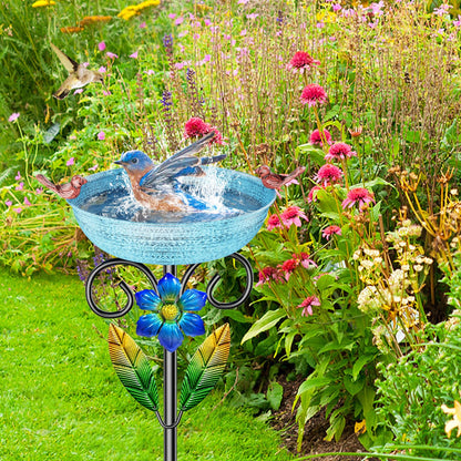 SHUONIVS Metal Bird Bath for Outside, Freestanding Birdbaths Detachable Decoration Spa Birdfeeder, Bird Baths Feeder Bowl for Outdoors Garden Patio Yard Lawn Decor (Blue+Flower)