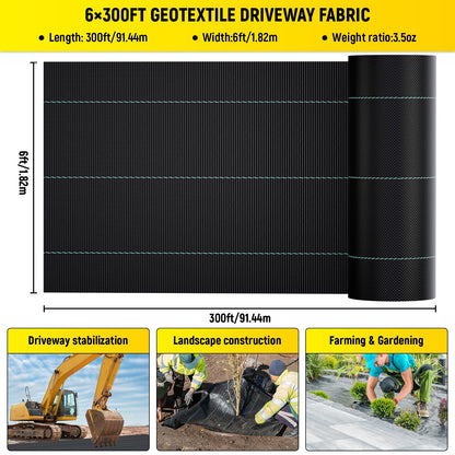 Doniks 6x300ft Driveway Fabric,3.5OZ Commercial Heavy Duty Weed Barrier Fabric, Garden Landscape Fabric,French Drain Fabric for Erosion Control,Landscape Fabric,Weed Barrier,Construction Projects