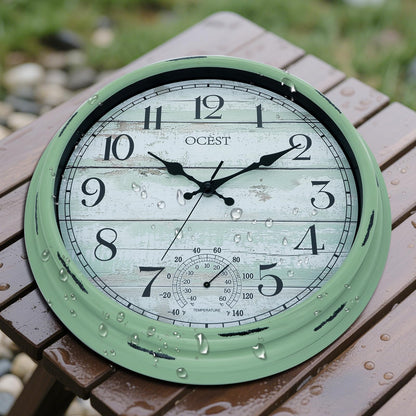 OCEST 16 Inch Indoor Outdoor Clock, Waterproof Large Wall Clock with Thermometer, Silent Non-Ticking Battery Operated Decor for Patio Pool Porch Garden Garage（Retro Green）