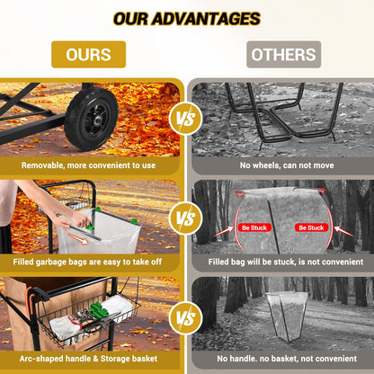 CAROD Upgraded Trash Bag Holder Cart with Storage Basket and Ergonomic Handle, Adjustable Outdoor Leaf Bag Holder from 30-45 Gallon Capacity, Ideal for Yard Clean-Up, Camping, Parties,Leaf Collection