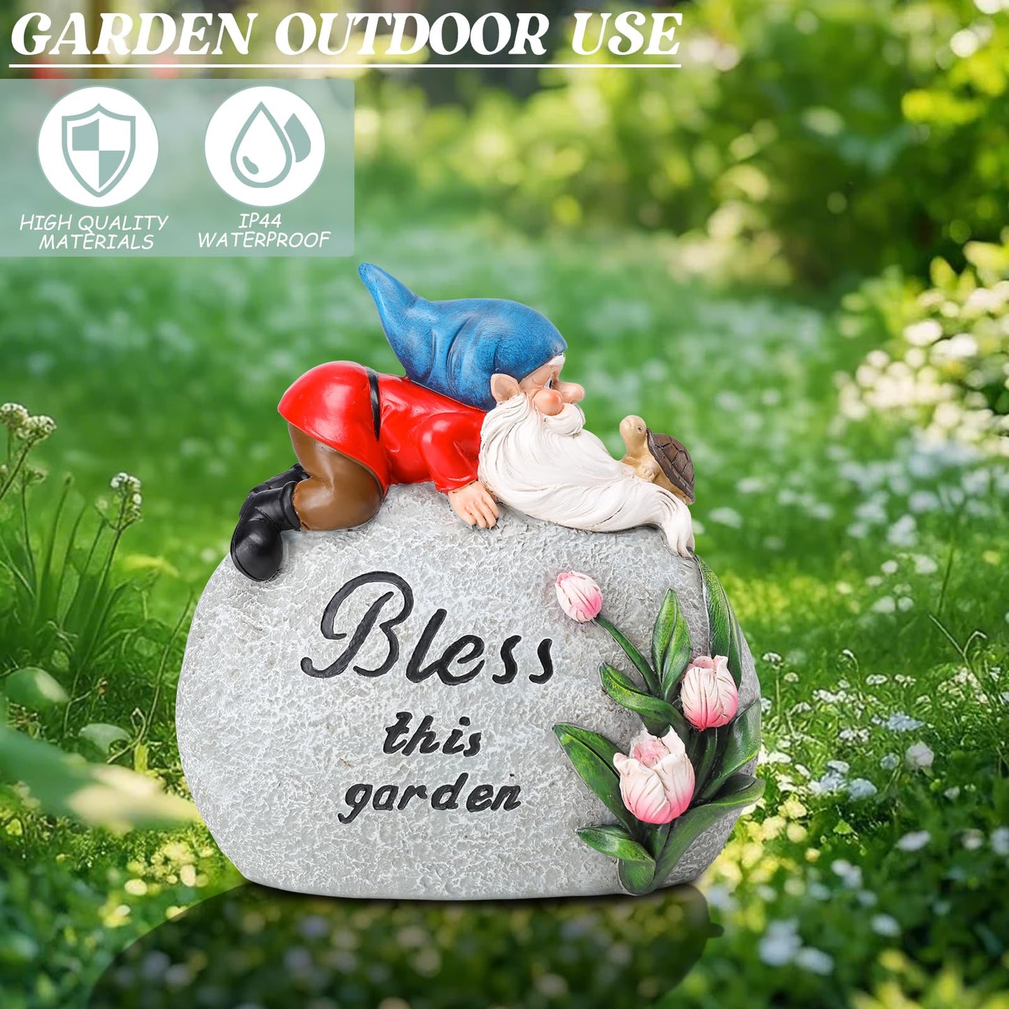 Ovewios Garden Stones Statues Outdoor Decor, Novelty Gnome Garden Sculptures Stones Statue with Flower and Turtle Figurine Decoration for Patio Yard Porch Art Home Decor