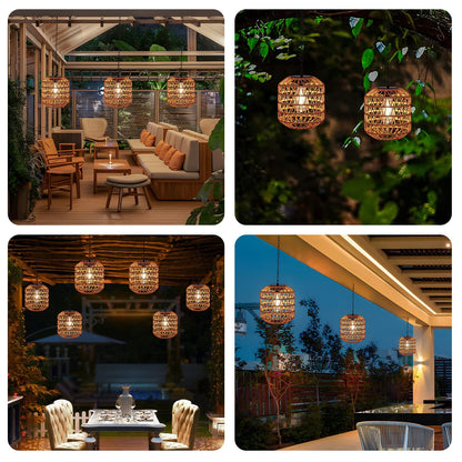 Livinlarge Solar Pendant Light Outdoor,Chandelier Hanging Lantern with Edison Bulb,Boho Solar Powered Lamps IP44 Waterproof for Gazebo Tree Porch Yard Porch Patio Garden Backyard Decorative
