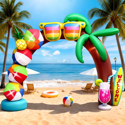 Kalolary 10FT Tall Summer Inflatable Outdoor Decorations, Beach Ball Archway Blow Up Inflatable Arch with Build-in Lights for Beach Party Pool Party Yard Garden Summer Decors