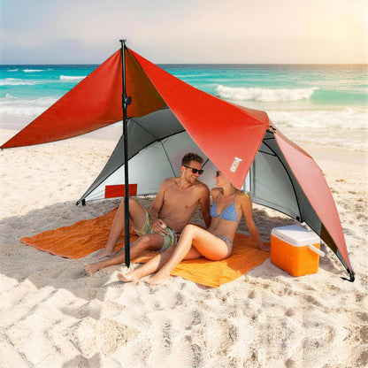 HOMEDEMO Beach Umbrella Tent (9.5ft, Red) with Fan Canopy, 3-in-1 Umbrella Shade Shelter for Beach, Picnic, Bleacher, Sports Games
