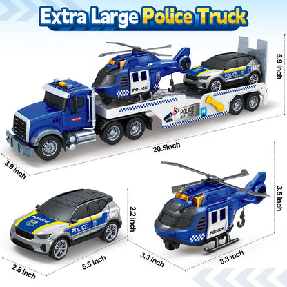 SpringFlower 21" Semi Truck Toy, 3 4 5 6 Year Old Boys Toddlers Police Truck Toy with Racing Car and Helicopter, 3 in 1 Police Car Toy, Birthday Gifts for Kids Child 3 4 5 6 Years Old