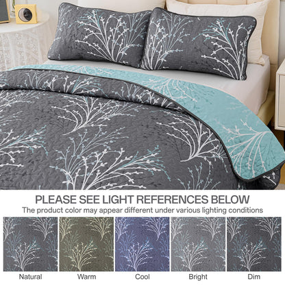DJY Full Size Quilt Set Grey Blue Reversible Bedspread Coverlet Set 3 Piece, Branch Floral Lightweight Microfiber Botanical Quilted Bedding Set with Pillowcases for All Season (78''x90'')