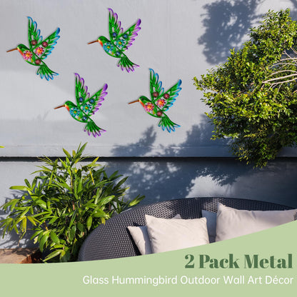 YIWEMON 2 Pack Metal/Glass Hummingbird Wall Decor, 12.4" Outdoor Fence Wall Art Decor, Wall Sculpture Hanging Decoration Perfect for Garden Yard Living Room Bedroom Patio Balcony