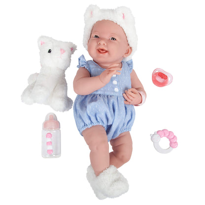 JC Toys La Newborn All-Vinyl-Anatomically Correct Real Girl 15" Baby Doll in Blue and Deluxe Accessories, Designed by Berenguer., Blue/White