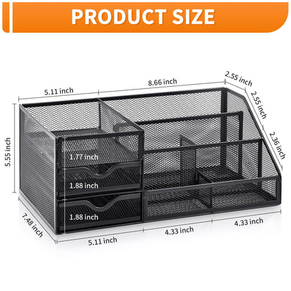 Lavatino Larger Mesh Desk Organizer with Drawers, Multifunctional Desk Organizers and Accessories with 6 compartments + 2 Drawer, Office Desktop Organization for supplies (Black)