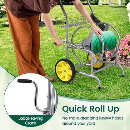 Goplus Garden Hose Reel Cart, 230 FT of 5/8" Large Capacity, Heavy-Duty Metal Hose Cart w/ 2 Wheels, Storage Basket, Portable Water Hose Organizer for Outside Yard, Outdoor Planting Tool