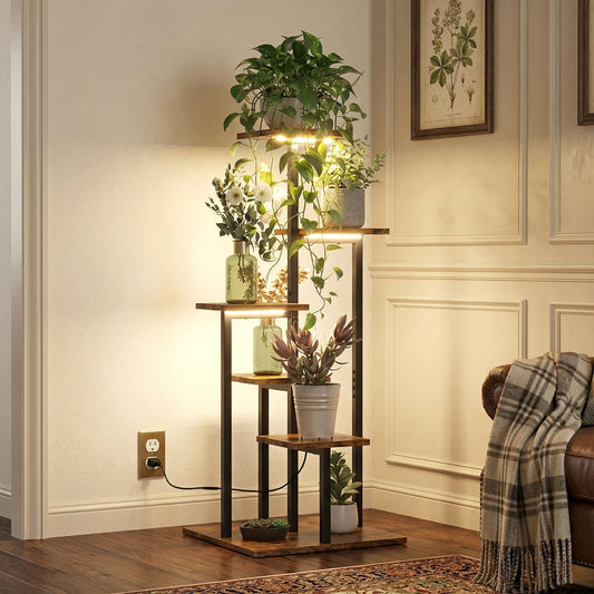 VonDream 5-Tier Plant Stand Indoor with Grow Light, Tiered Plant Stands for Indoor Plants Multiple, Corner Flower Stand for Living Room, Multi-Layer Vintage Design Plant Shelf