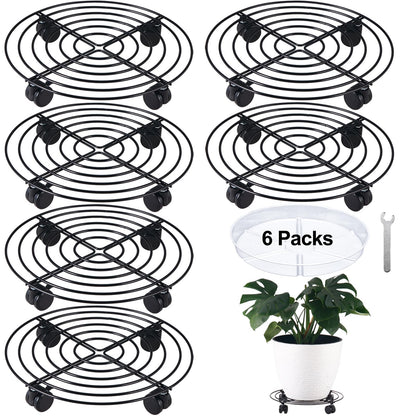 6 Packs 14 Inches Large Metal Plant Caddy with Wheels Rolling Plant Stands Heavy-duty Wrought Iron Plant Roller Base Pot Movers Plant Saucer on Wheels Indoor Outdoor Plant Dolly with Casters Planter Tray