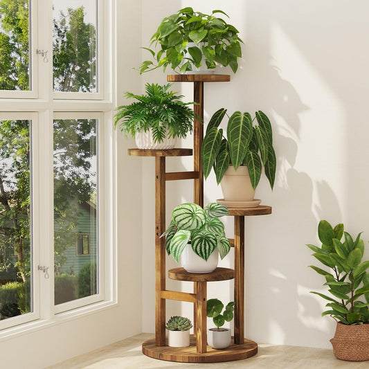iDavosic.ly 4 Tier Plant Stand Indoor, Tiered Corner Wood Multiple Flower Holder Shelf, Tall Orchid Display Rack for Patio Porch Living Room Balcony Outdoor, Brown