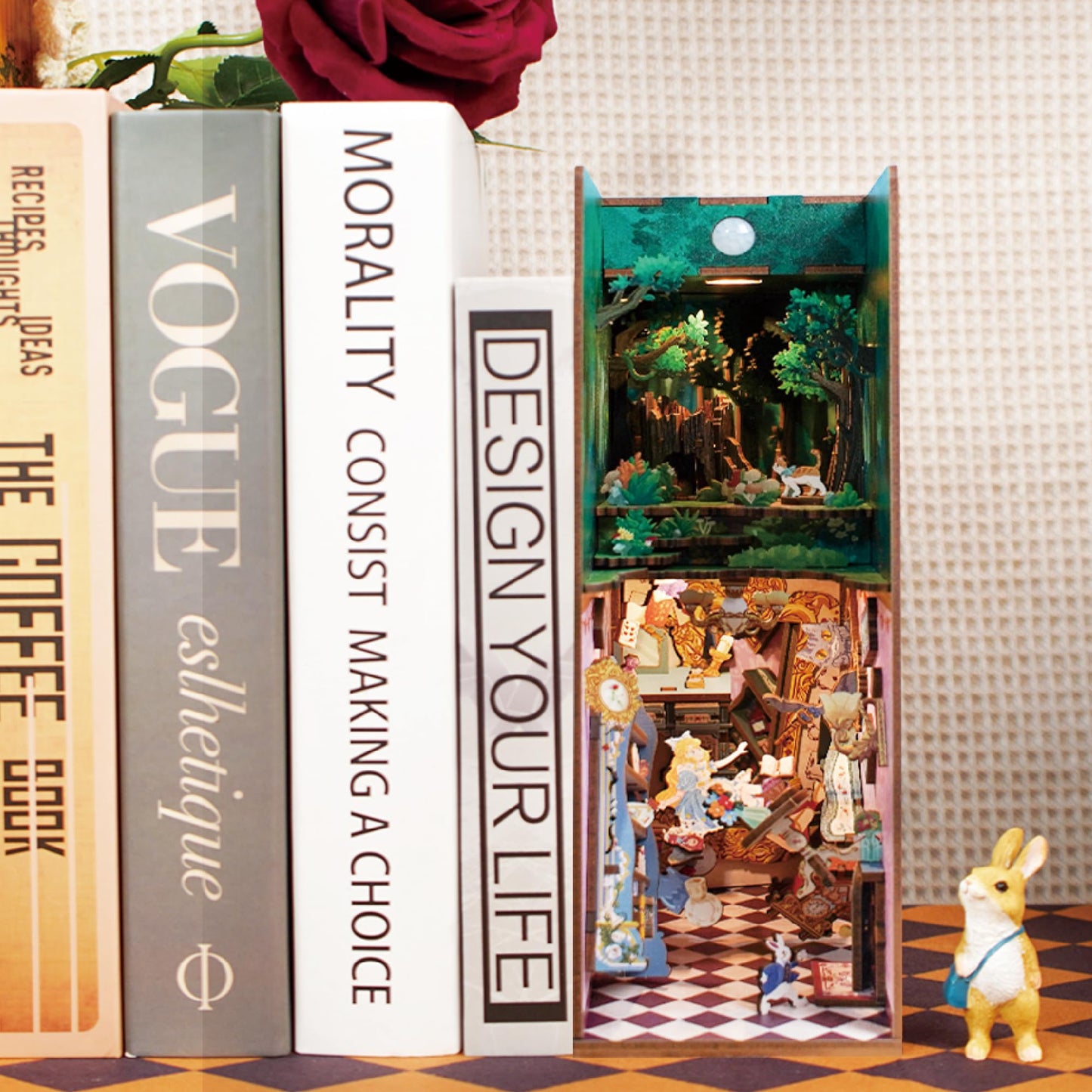 Tonecheer DIY Book Nook Kit for Adults,3D Wooden Puzzle Bookend Bookshelf Insert Library Decor, Booknook Miniature House Kit with Body Motion Sensor LED Light (Alice in Wonderland)