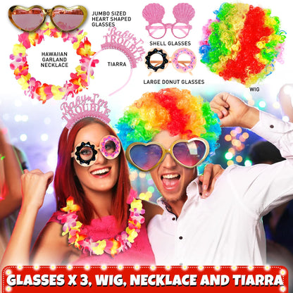 SOUL SHIFT 70 Pc Large Premium Photo Booth Props Set for All Occasions - Wedding Props, Birthday Props, Graduation Prop, Inflatables, Large Glasses, Multi-Colored Wig, Hawaiian Lei, Hand Pump
