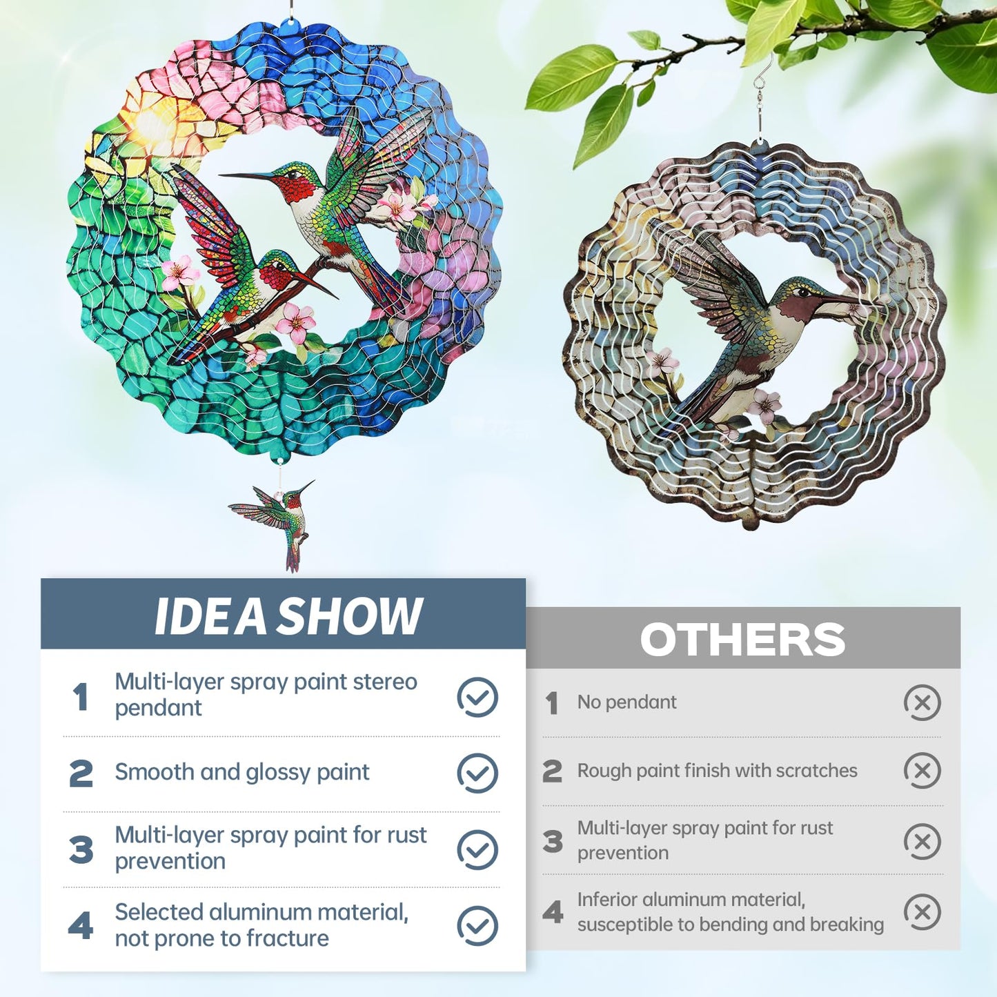 Hummingbird Wind Spinners Outdoor for Mother's Day, IDEA SHOW 12In Stainless Steel Wind Spinners, 3D Kinetic Hanging Spinners Sculpture for Women Mom, Metal Garden Decor Ornaments for Patio Yard Art