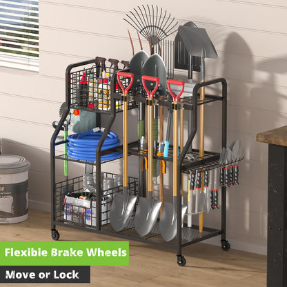 keomaisyto Garden Tool Organizer with Heavy Duty Wheels for Garage - with 2 Baskets, Large Yard Tool Organizer and Storage Holder, Utility Garden Tool Rack for/Shed/Garage/Yard/Basement/Lawn