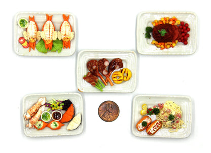 Lovely Mixed 5 Assorted Grilled, Steak, with Appetizer Dish Dollhouse Miniature Food, Tiny Food for Collectibles, Compatible with Barbie Dollhouse and Diorama Scale 1:6, 1/6