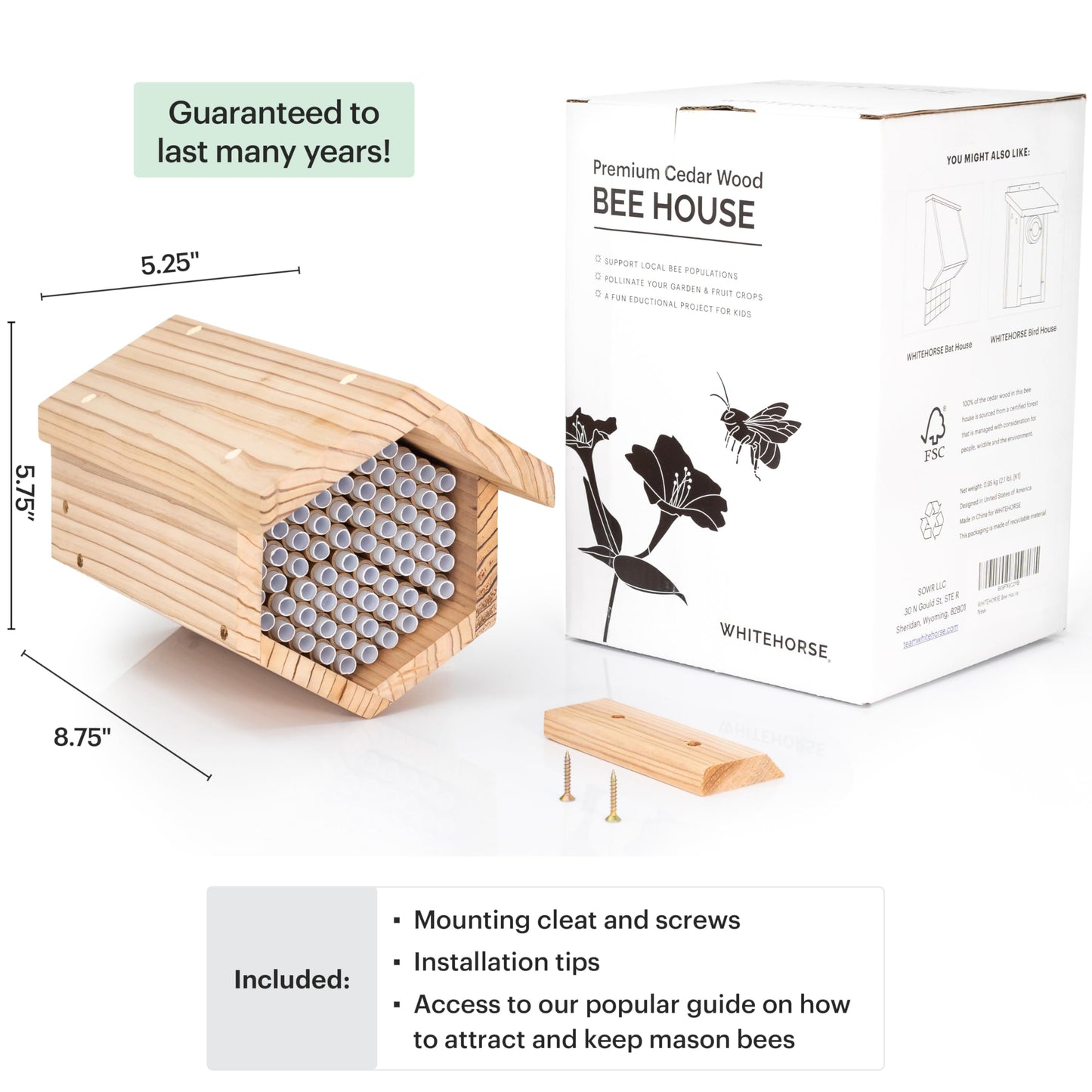 WHITEHORSE Premium Cedar Bee House - 6” Long Replaceable Tubes - Perfect for Mason Beekeeping - an Insect Hotel Built to Last - Support Bees While Pollinating Your Garden (Paper Tubes Included)