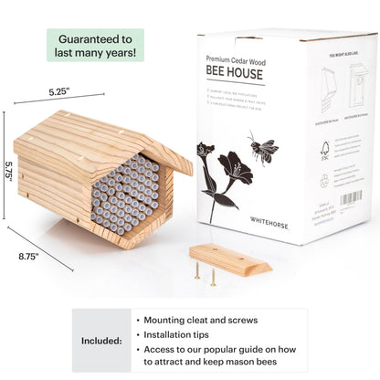 WHITEHORSE Premium Cedar Bee House - 6” Long Replaceable Tubes - Perfect for Mason Beekeeping - an Insect Hotel Built to Last - Support Bees While Pollinating Your Garden (Paper Tubes Included)