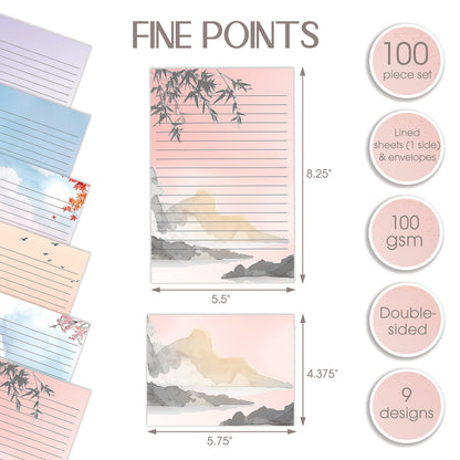 Better Office Products Mini Stationery Set of 100, Japanese Stationery Paper (50 Lined Sheets + 50 Matching Envelopes), 5.5 x 8.25 inch, 9 Designs, Double Sided Printing, One Side Lined Paper,