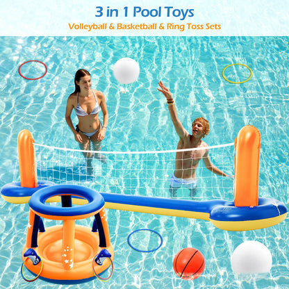 Jasonwell Pool Toys Games Set - 3 in 1 Pool Volleyball Net Basketball Hoop Ring Toss Game Inflatable Floats Water Floating Volleyball Swimming Pools Games Party Gift for Kids Adults (Orange&Blue, XL)