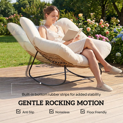 Outsunny Papasan Rocking Chair, Wicker Oversized Indoor Outdoor Rocking Papasan Chair with Cushion, PE Rattan Outdoor Rocker Egg Chairs for Living Room, Garden, Patio, Balcony, Beige