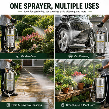 Kweetle 1.5Gal Stainless Steel Pump Up Sprayer Reinforced Hose, Hand Pump Sprayer with Pressure Gauge&Safety Valve, Adjustable Nozzle Suitable for Gardening (1.5 Gallon)