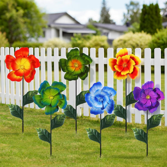 Suncalla 6 Pcs Metal Flowers Stakes Garden Decor for Outside 24 Inch Colorful 3D Hibiscus Flowers Yard Art Decor for Spring Outdoor Lawn Porch Pathway Patio Decoration
