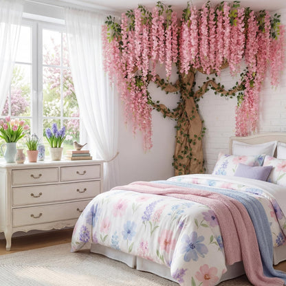 XunYee 3D Wisteria Tree Wall Decor for Room Classroom Ceiling Artificial Wisteria Hanging Flowers DIY Cardboard Paper Tree with Green Vine Kraft Paper Fairy Bulletin Board Decorations(Pink)